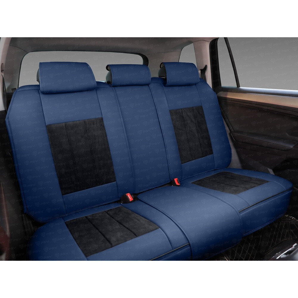 Комплект накидок на весь салон 5D Champion PLUS, ЭкоКожа + алькантара, цвет синий-черный, кант синий, подушки для шеи в комплекте Комплект накидок на весь салон 5D Champion PLUS, ЭкоКожа + алькантара, цвет синий-черный, кант синий, подушки для шеи в комплекте