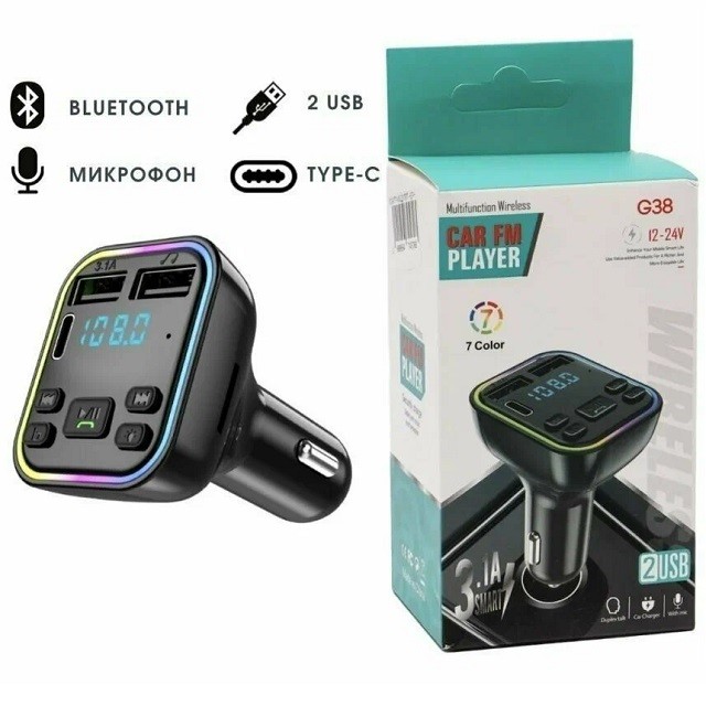 FM-Модулятор с Bluetooth 2 USB, 1 Type C, 3.1 A, G38 громкая связь FM-Модулятор с Bluetooth 2 USB, 1 Type C, 3.1 A, G38 громкая связь