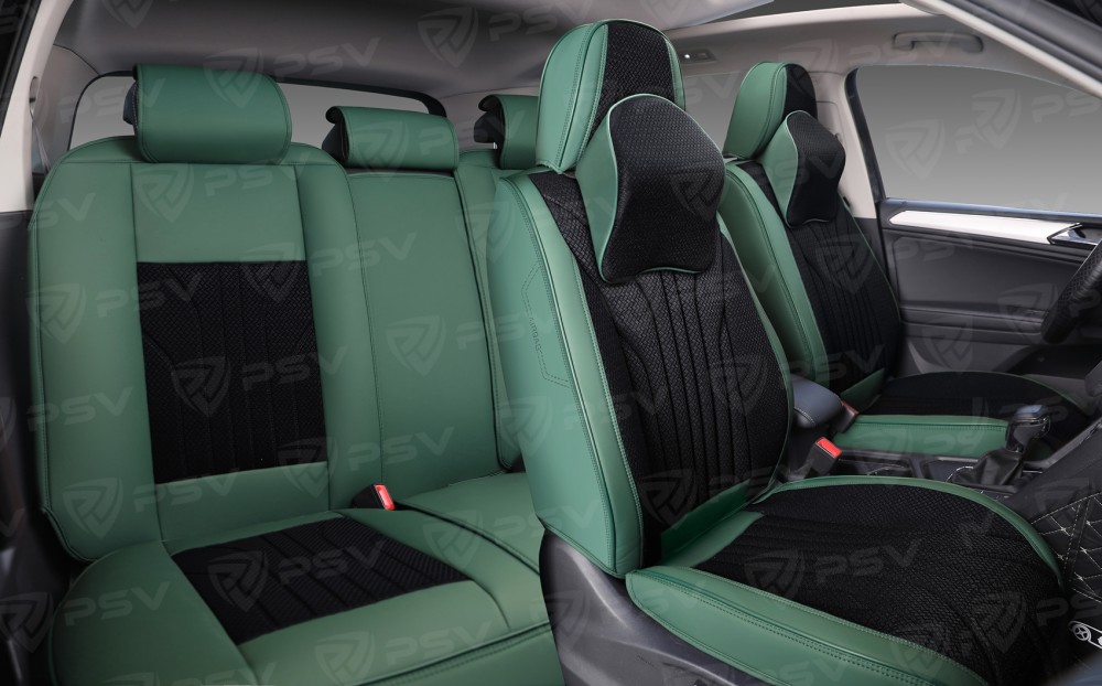 Комплект накидок на весь салон 5D Forward PLUS, ЭкоКожа + текстильная вставка, цвет зеленый, вставка черный, подушки для шеи в комплекте Комплект накидок на весь салон 5D Forward PLUS, ЭкоКожа + текстильная вставка, цвет зеленый, вставка черный, подушки для шеи в комплекте
