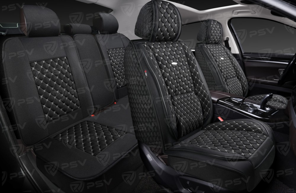 Комплект накидок на весь салон 5D Linum PLUS, материал лен, цвет черный, строчка белая Комплект накидок на весь салон 5D Linum PLUS, материал лен, цвет черный, строчка белая