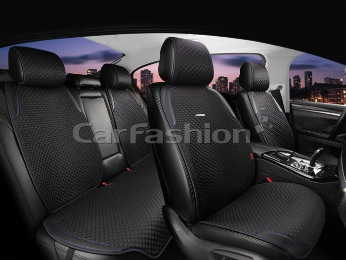 Комплект накидок на весь салон PLUS 2D SLEEK, материал полиэстер + экоКожа, цвет черный, строчка черная, кант синий Комплект накидок на весь салон PLUS 2D SLEEK, материал полиэстер + экоКожа, цвет черный, строчка черная, кант синий