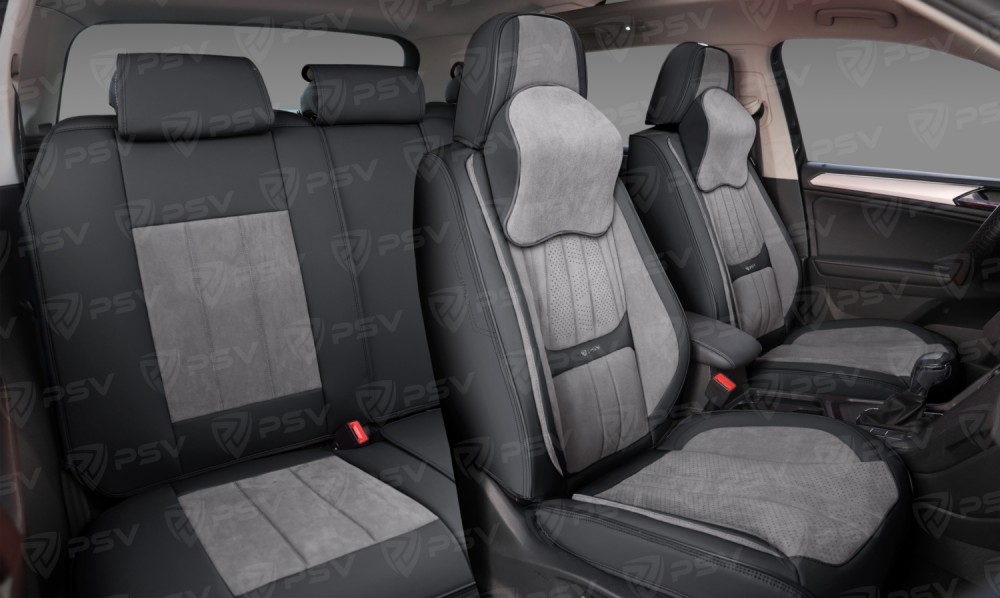 Комплект накидок на весь салон 5D Champion PLUS, ЭкоКожа + алькантара, цвет черно-серый, кант черный, подушки для шеи в комплекте Комплект накидок на весь салон 5D Champion PLUS, ЭкоКожа + алькантара, цвет черно-серый, кант черный, подушки для шеи в комплекте