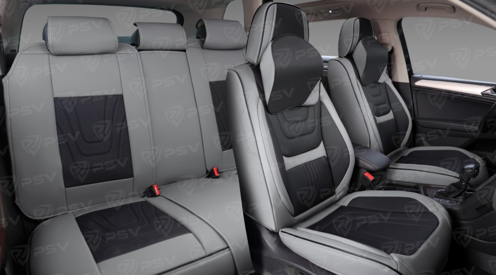 Комплект накидок на весь салон 5D Genesis PLUS, ЭкоКожа, цвет серо-черный, кант серый, подушки для шеи в комплекте Комплект накидок на весь салон 5D Genesis PLUS, ЭкоКожа, цвет серо-черный, кант серый, подушки для шеи в комплекте